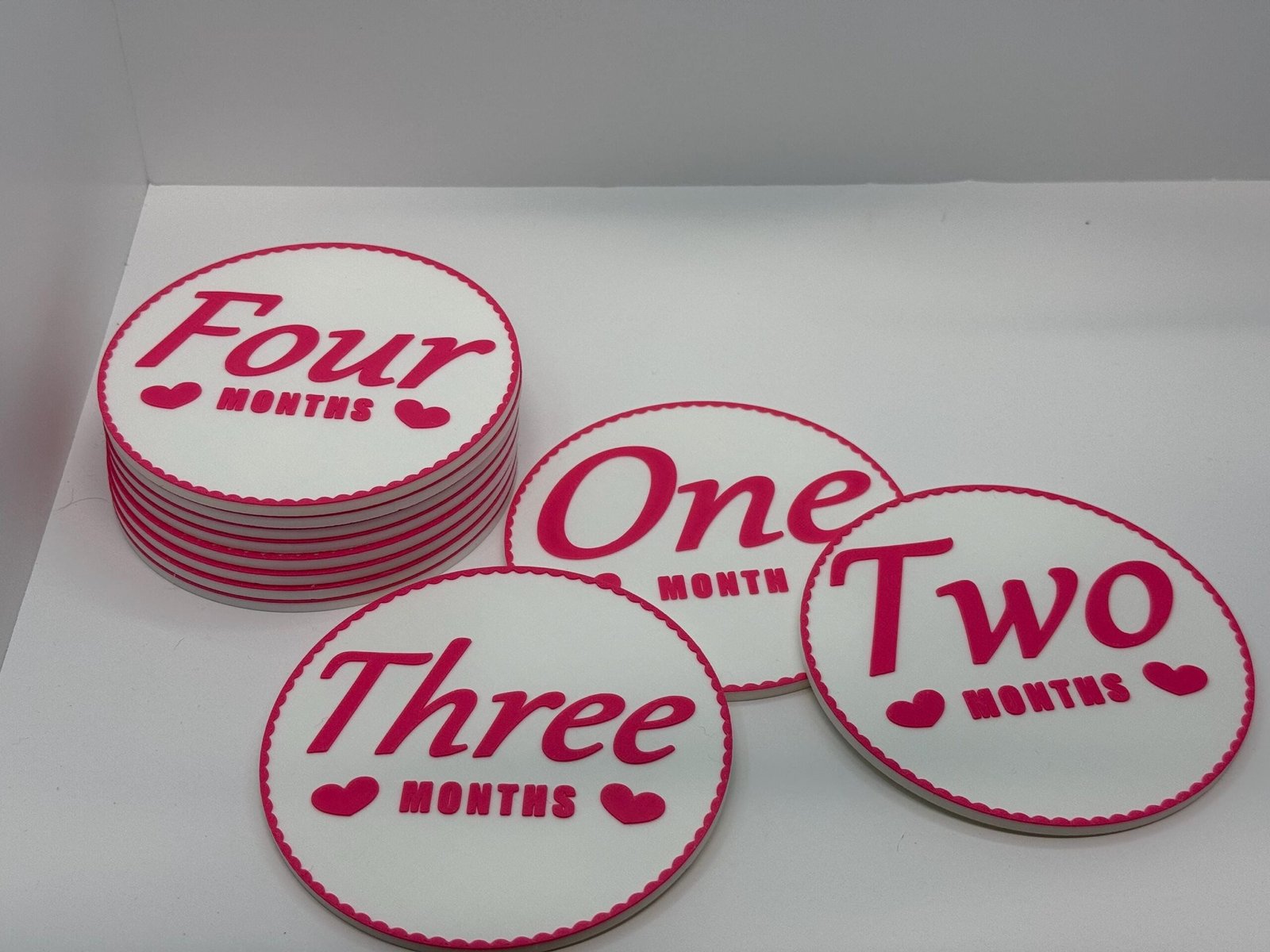 3D Monthly Milestone Markers - Includes 1x Personalized With Baby’s Name - 4” Rounds - Flowery Border - Pink and White - Image 6