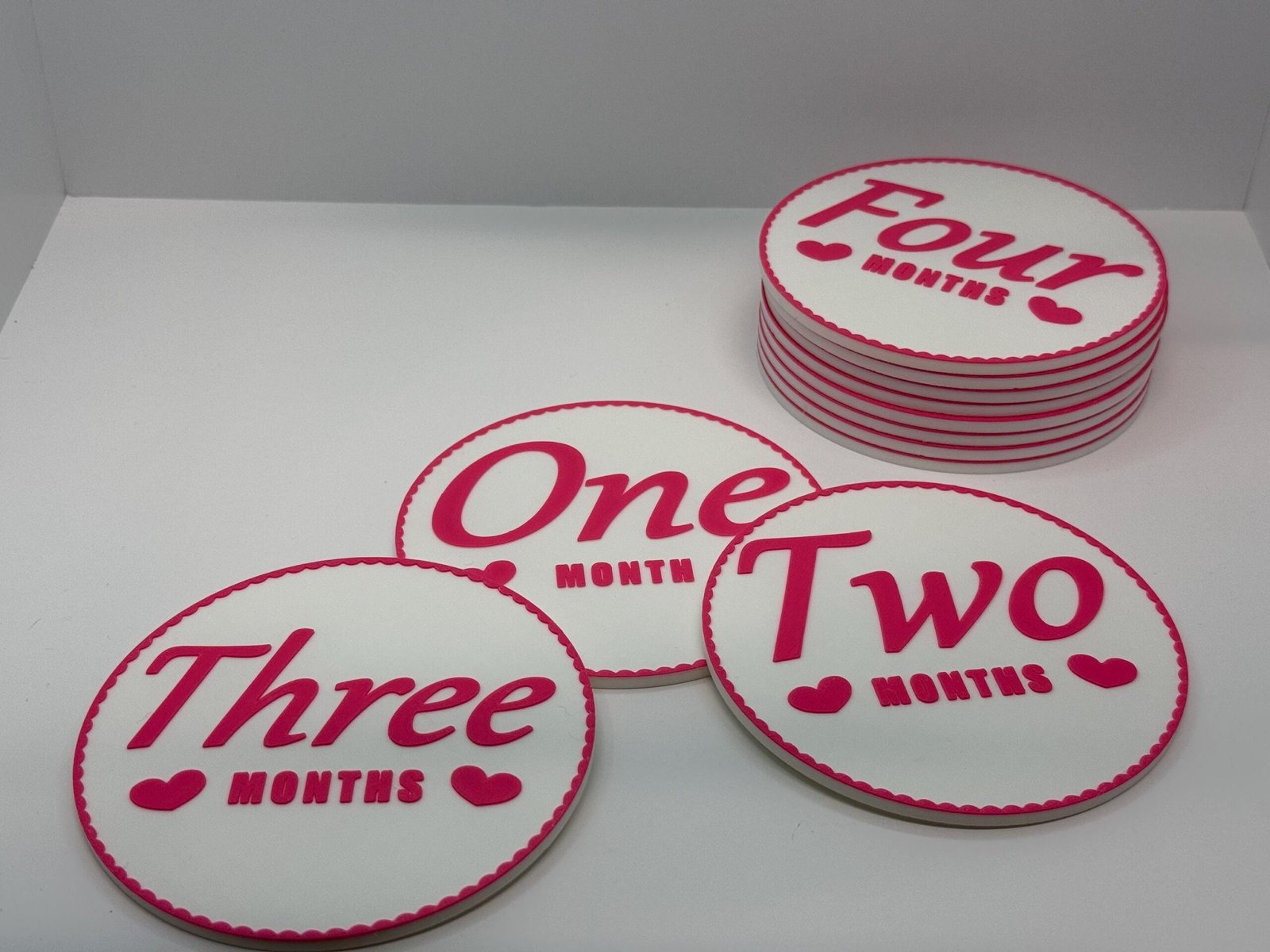 3D Monthly Milestone Markers - Includes 1x Personalized With Baby’s Name - 4” Rounds - Flowery Border - Pink and White - Image 5