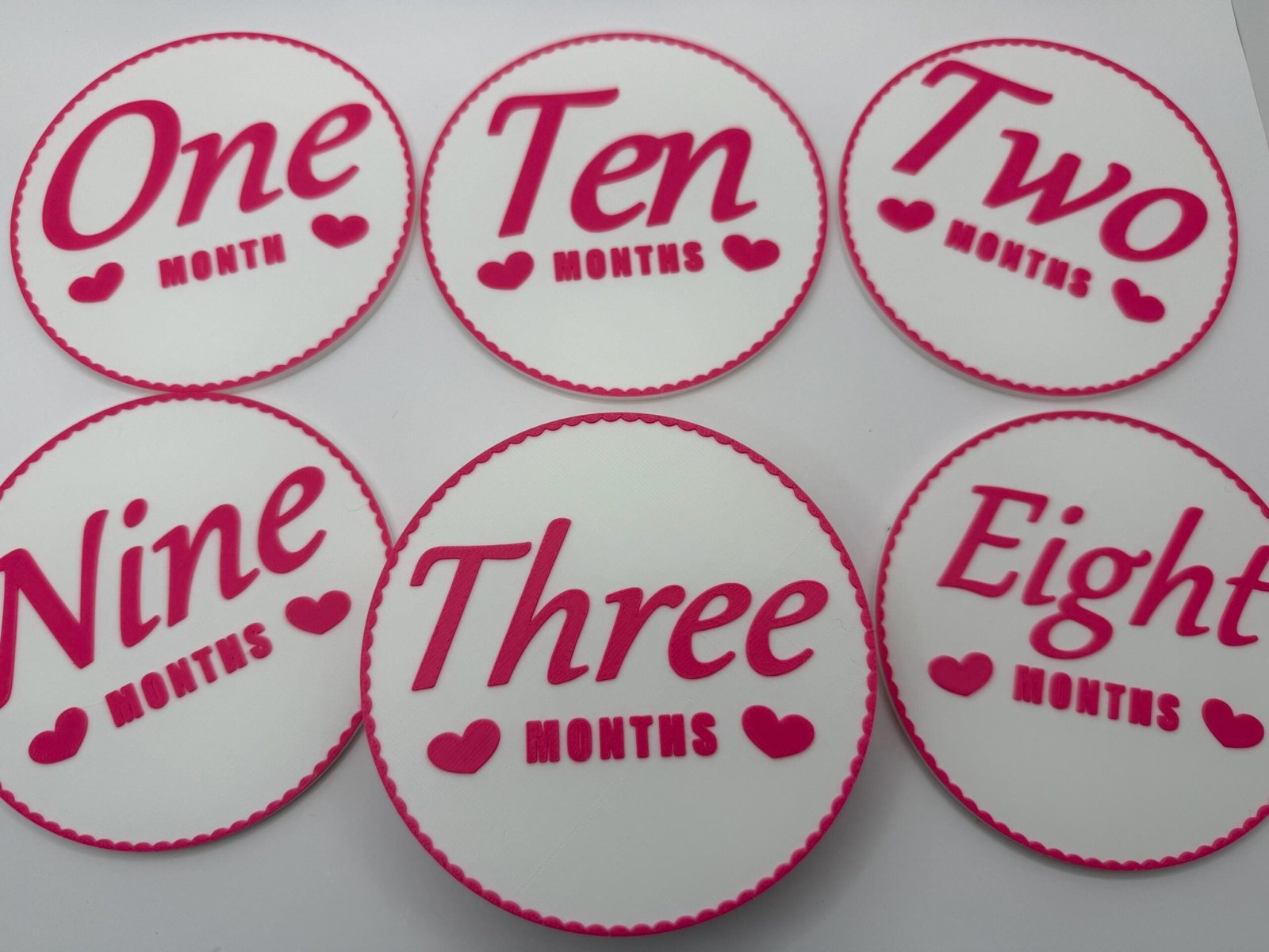 3D Monthly Milestone Markers - Includes 1x Personalized With Baby’s Name - 4” Rounds - Flowery Border - Pink and White - Image 7