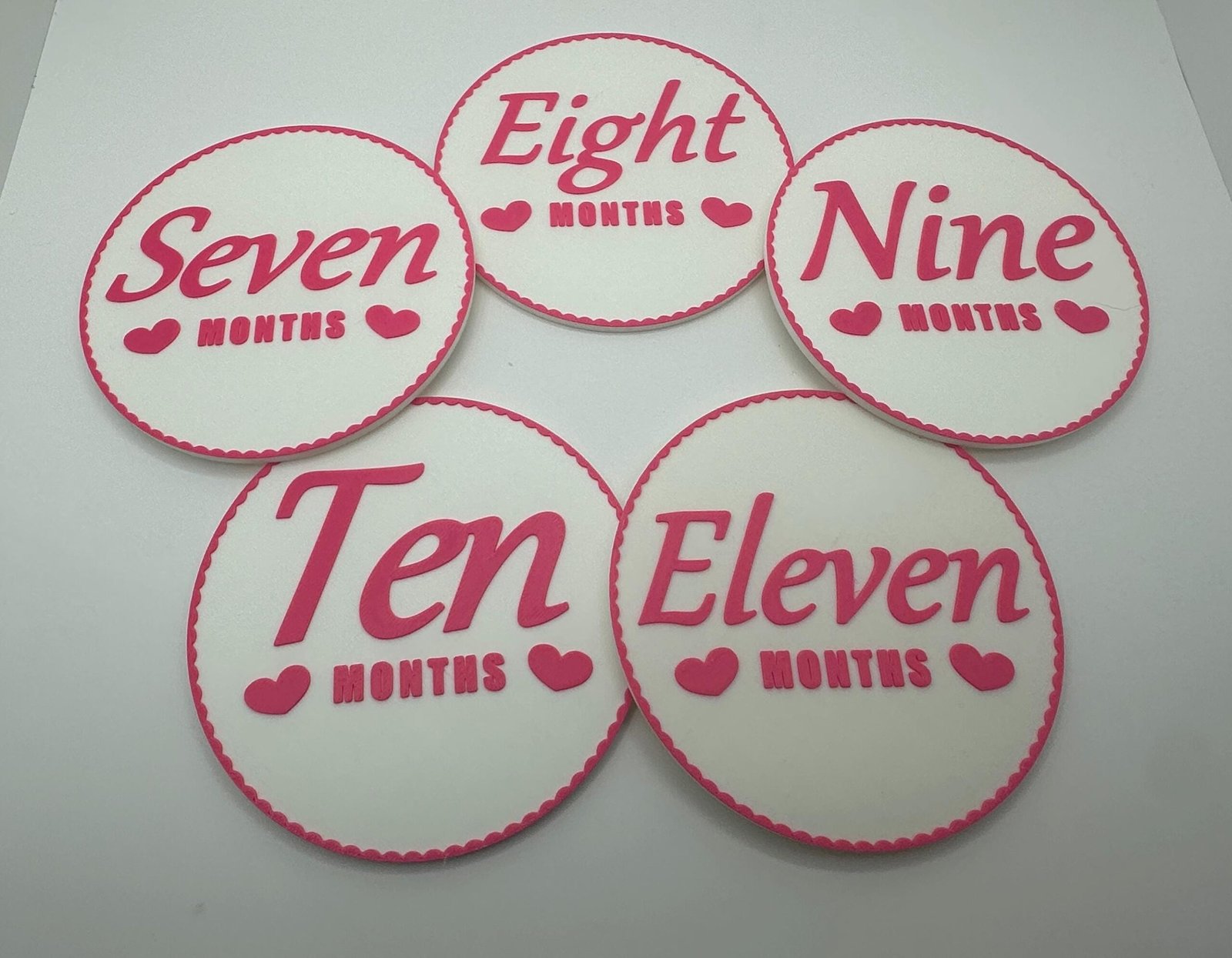 3D Monthly Milestone Markers - Includes 1x Personalized With Baby’s Name - 4” Rounds - Flowery Border - Pink and White - Image 2