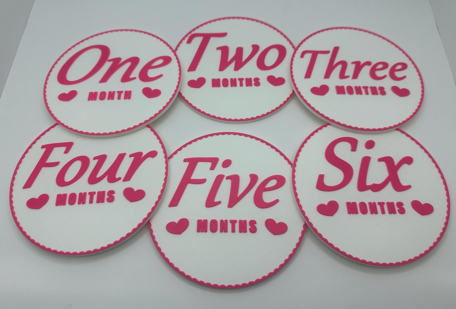 3D Monthly Milestone Markers - Includes 1x Personalized With Baby’s Name - 4” Rounds - Flowery Border - Pink and White
