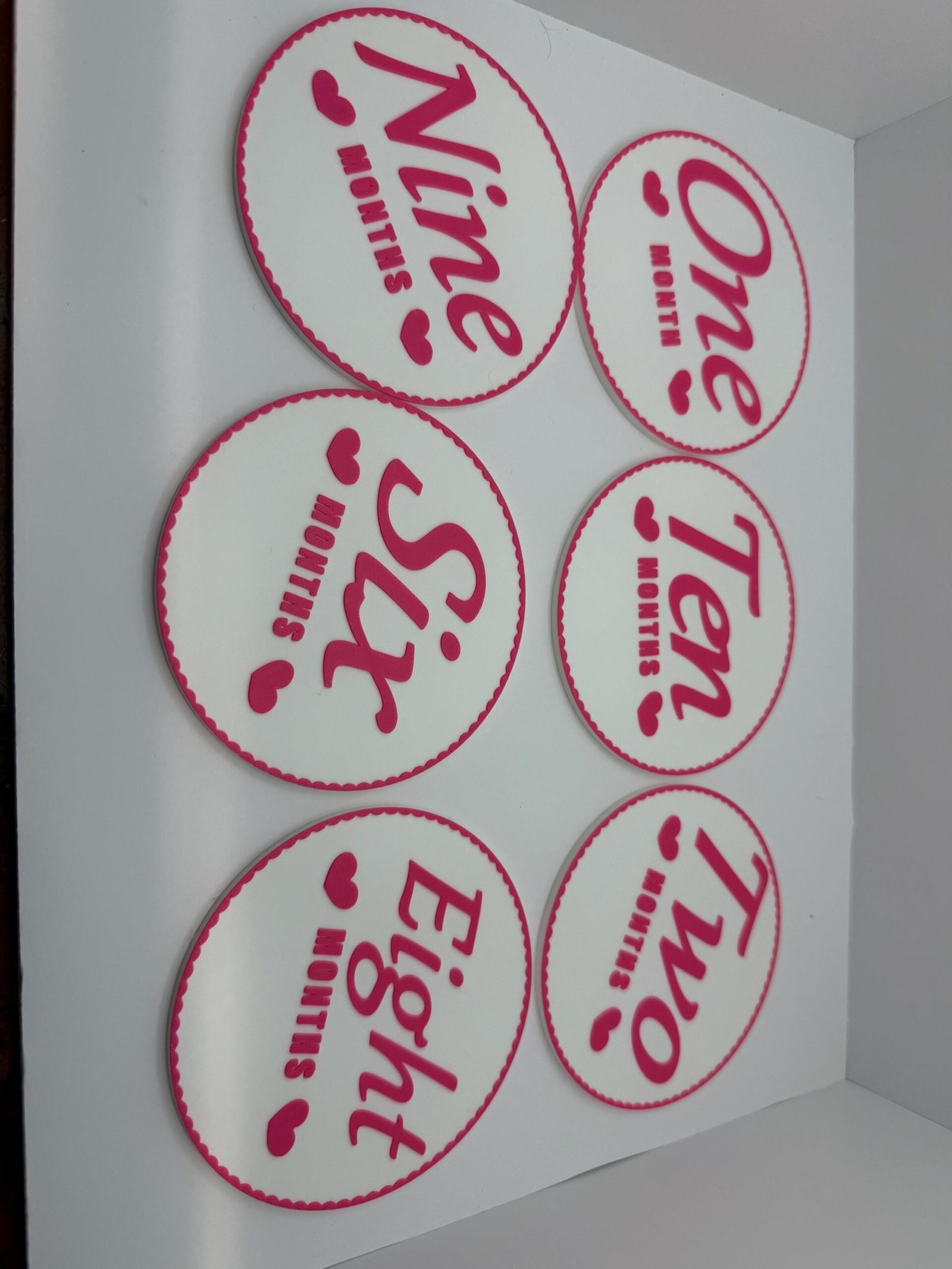 3D Monthly Milestone Markers - Includes 1x Personalized With Baby’s Name - 4” Rounds - Flowery Border - Pink and White - Image 8