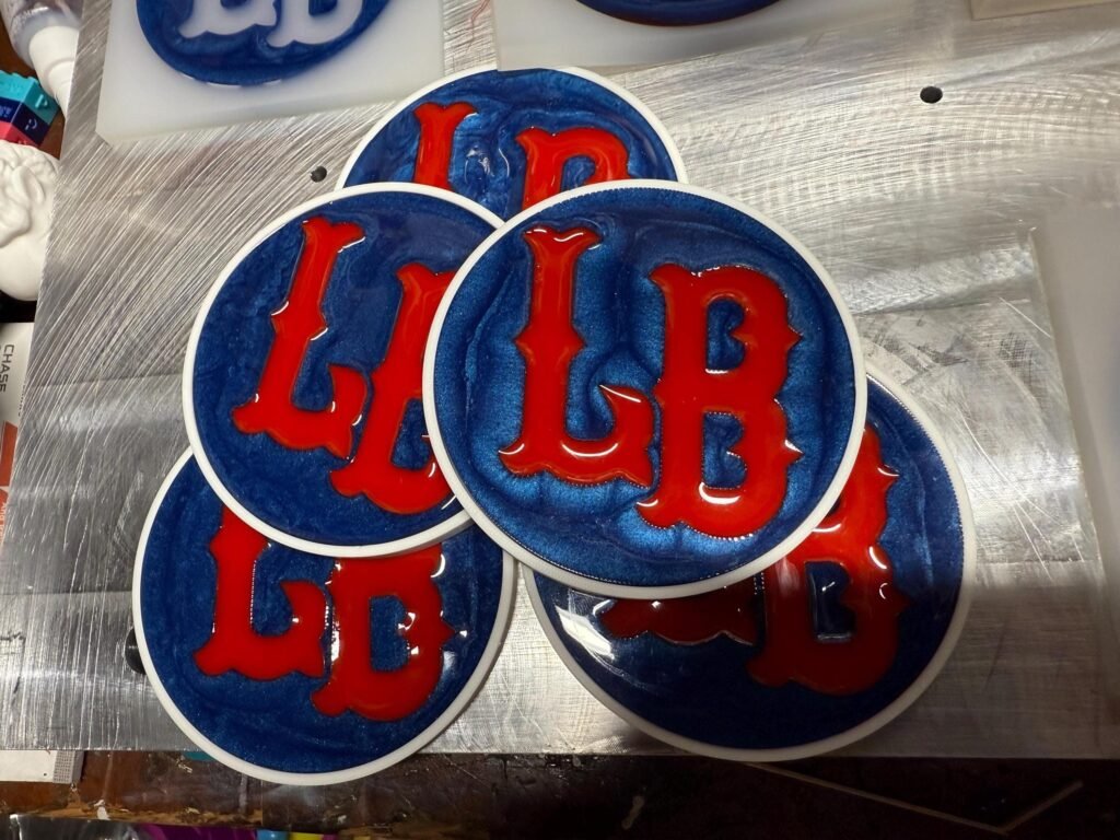 Custom LB coasters, blue and red.