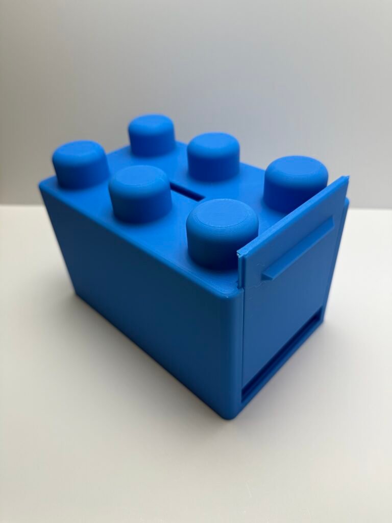 Blue building block bank.